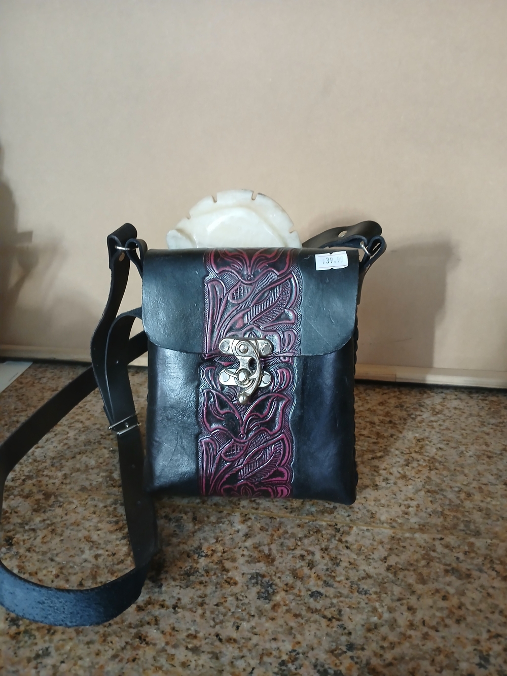 Black Leather Crossbody Bag with Embossed Burgundy Panel